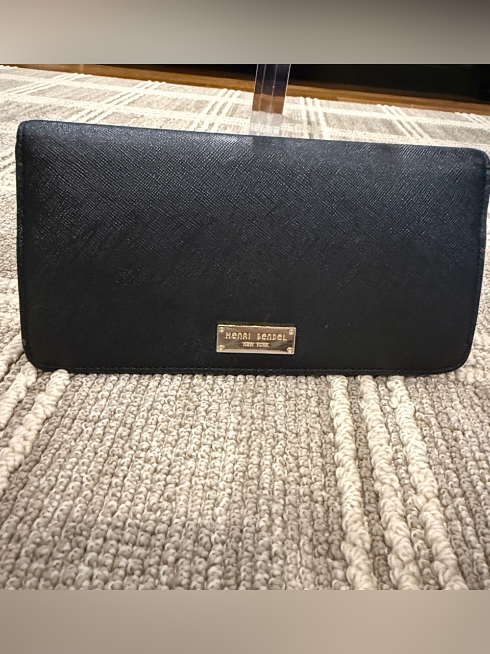 henri bendel Black Saffiano Leather Wallet with Gold Plaque